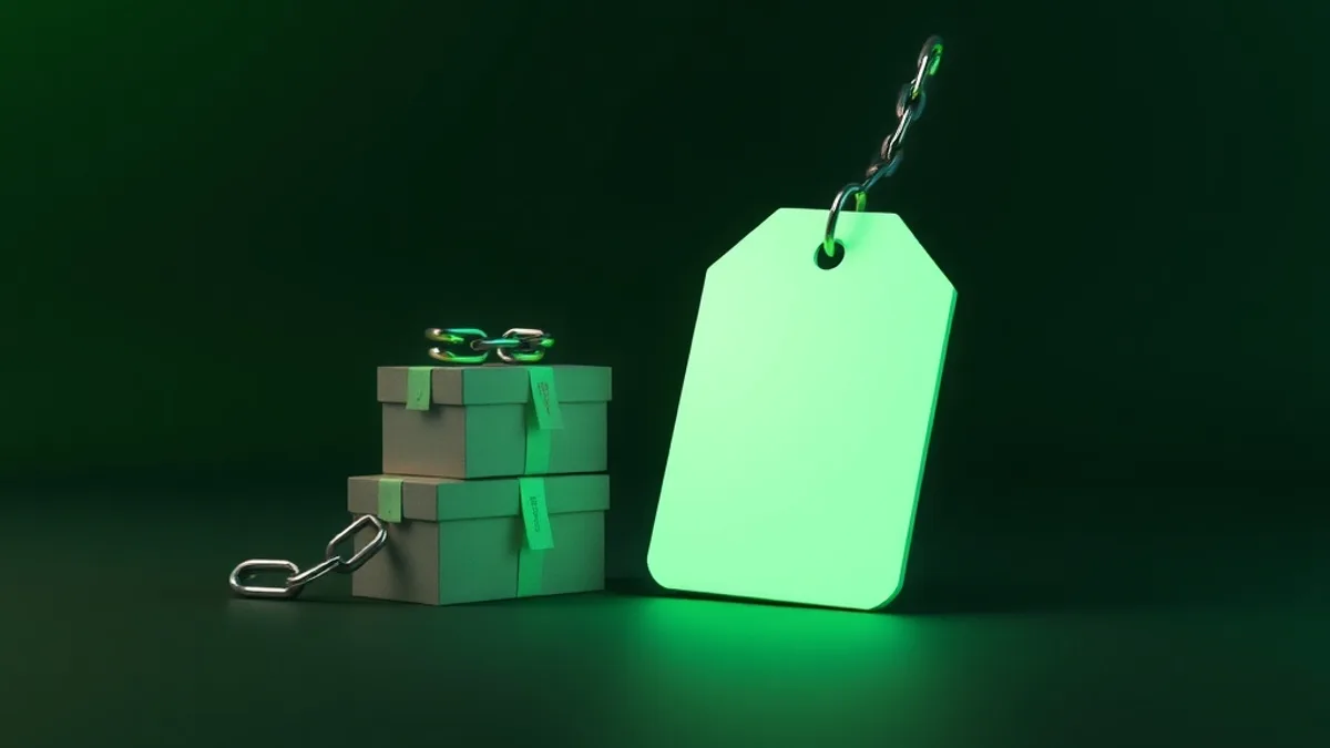 Large blank tag glowing in lime green hanging from a chain, beside two small cardboard boxes