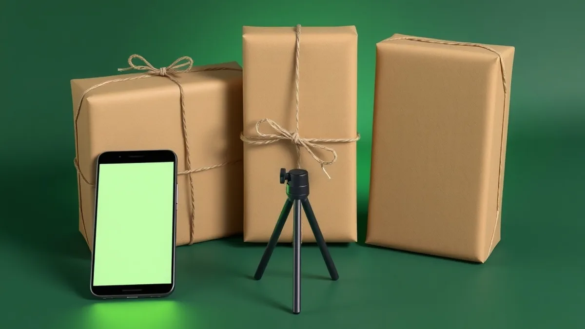 Pacotes de papel pardo amarrados com barbante ao lado de um celular com tela brilhante em branco e um tripé, em fundo verde escuro
