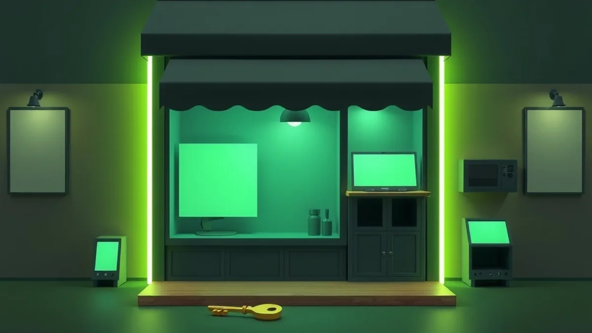 Fachada de loja pequena com toldo e vitrine iluminada, com uma chave dourada no chão, em tons de verde escuro