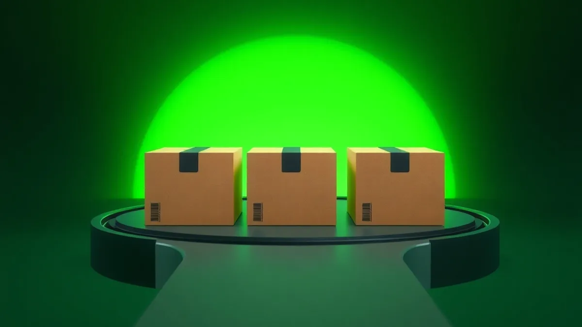 Three identical cardboard boxes in a row on a conveyor with a lime green glow behind them, on a dark green background