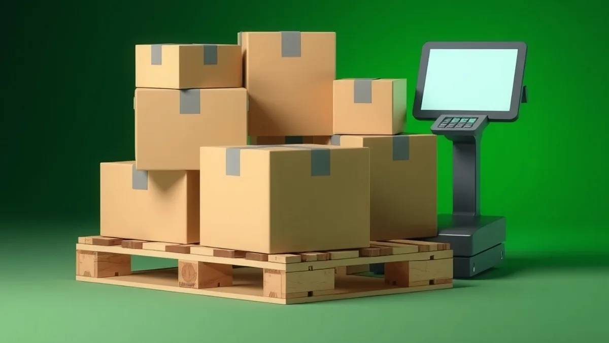 Shipping boxes with blank labels next to a parcel scale on a dark green background with lime glow