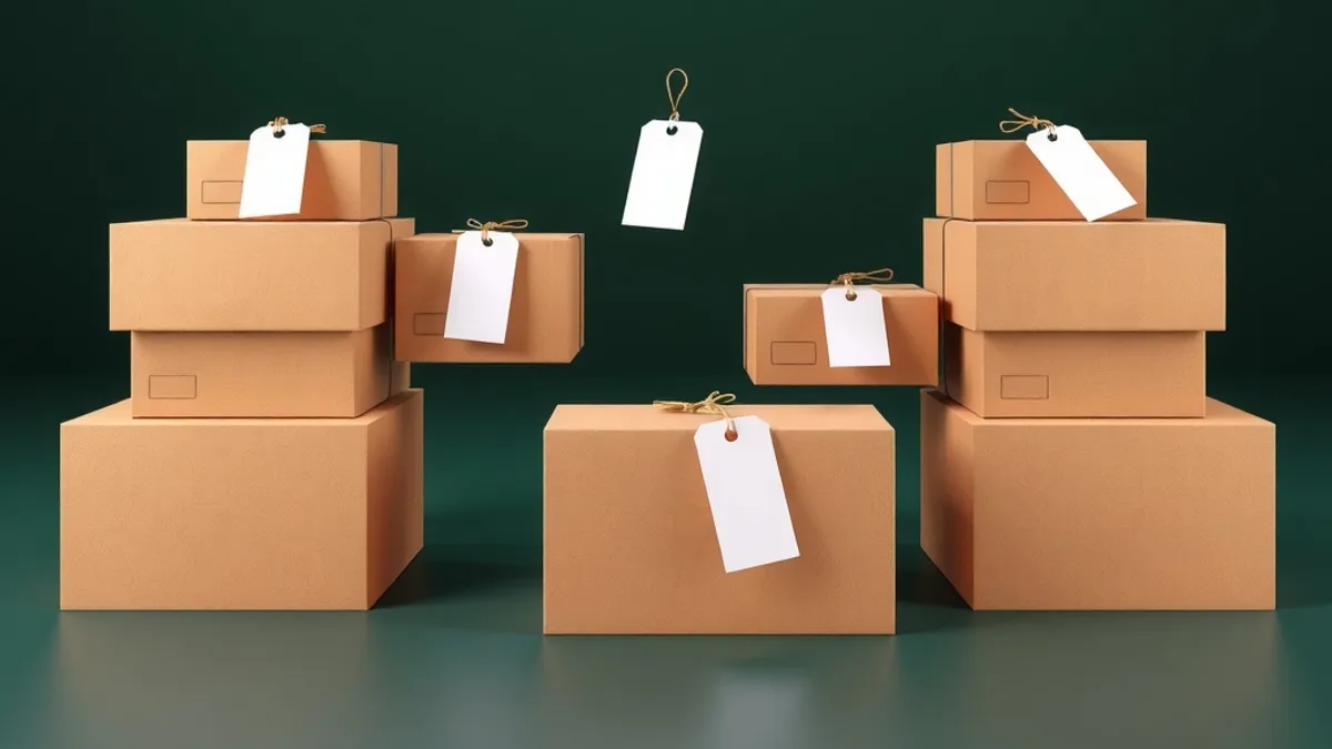 Stacks of plain cardboard shipping boxes with blank white tags tied on, on a dark green background