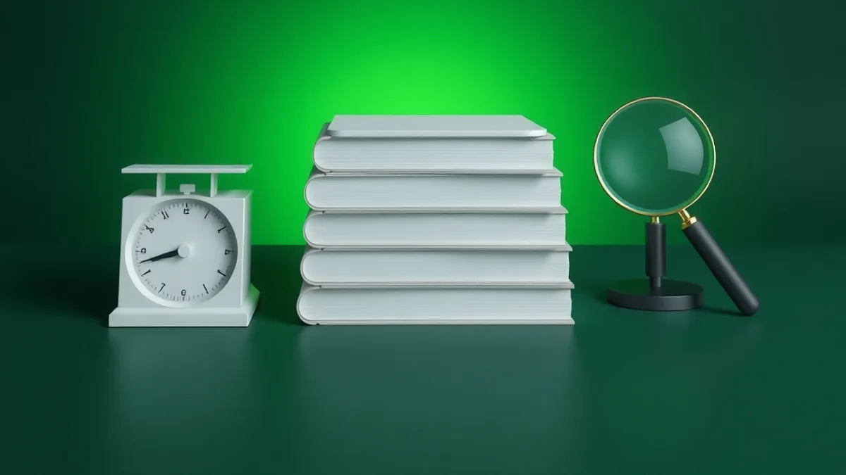 Stack of plain untitled books beside a small scale and a magnifying glass, on a dark green background