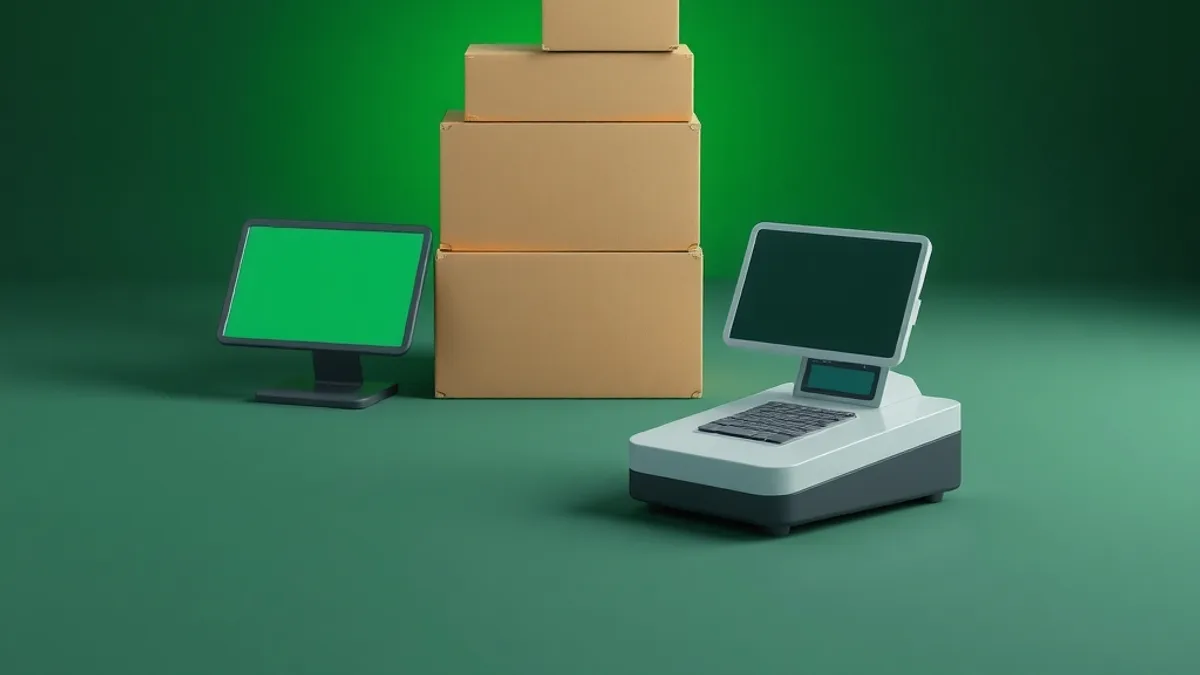 Shipping boxes with blank labels next to a parcel scale on a dark green background with lime green glow