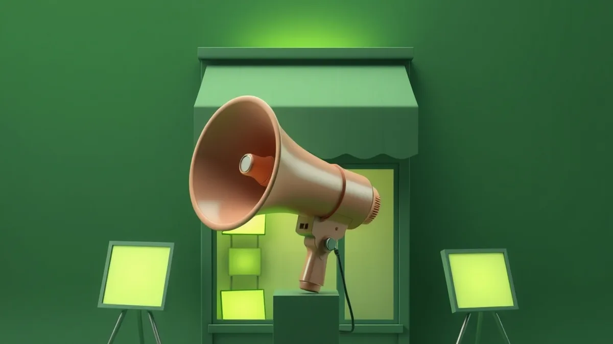 Large megaphone on a pedestal beside a small shop window with a striped awning, in green tones