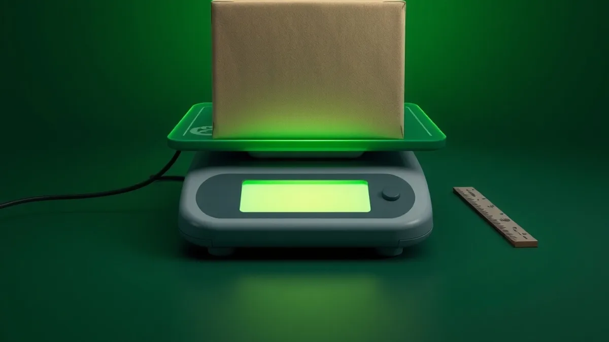 Caixa de envio com etiqueta em branco sobre uma balança de encomendas com visor em branco e uma régua ao lado, em fundo verde escuro