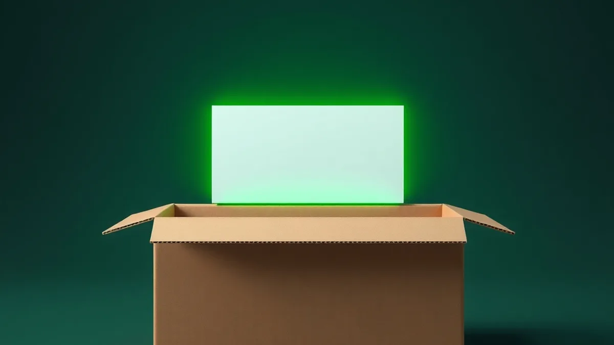 Caixa de papelão aberta com um painel em branco brilhando em verde-limão saindo de dentro, sobre fundo verde-escuro