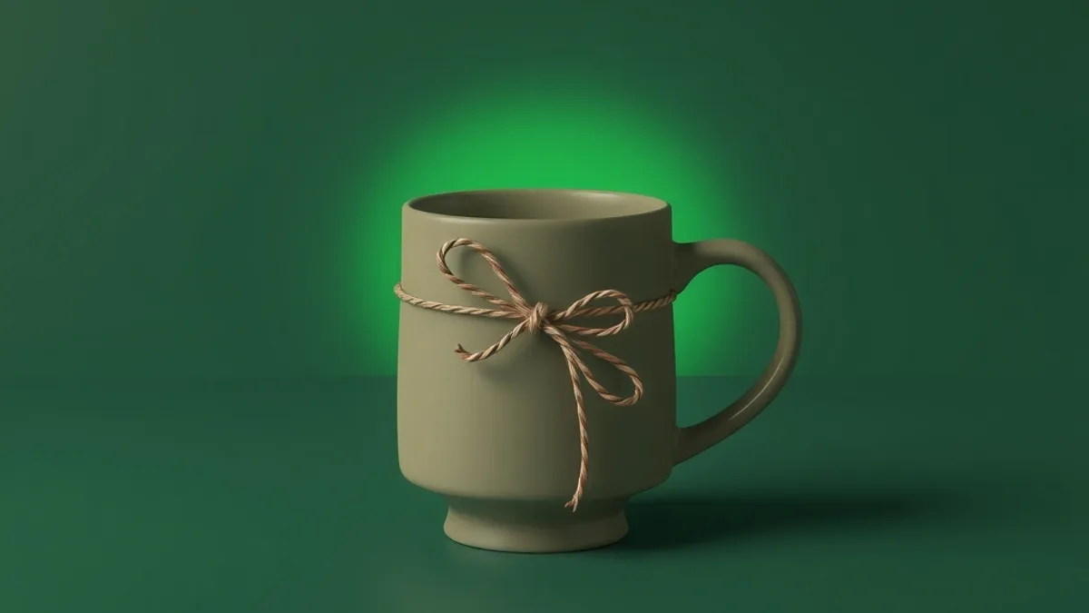 Handmade-style ceramic mug tied with twine in a bow, on a dark green background