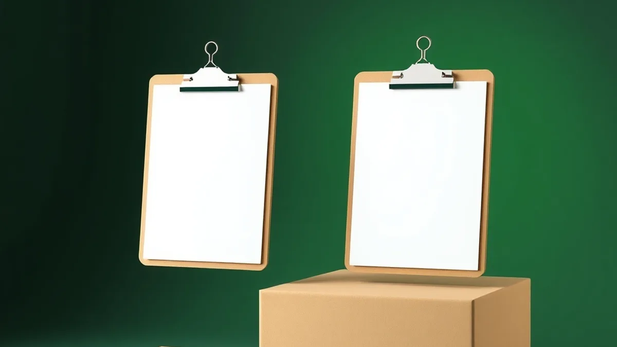 Two clipboards with blank white sheets beside a cardboard box on a dark green background