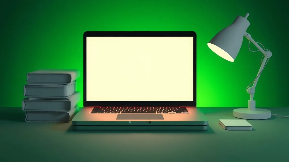 Laptop with a blank glowing screen beside a stack of folders and a desk calendar on a dark green background