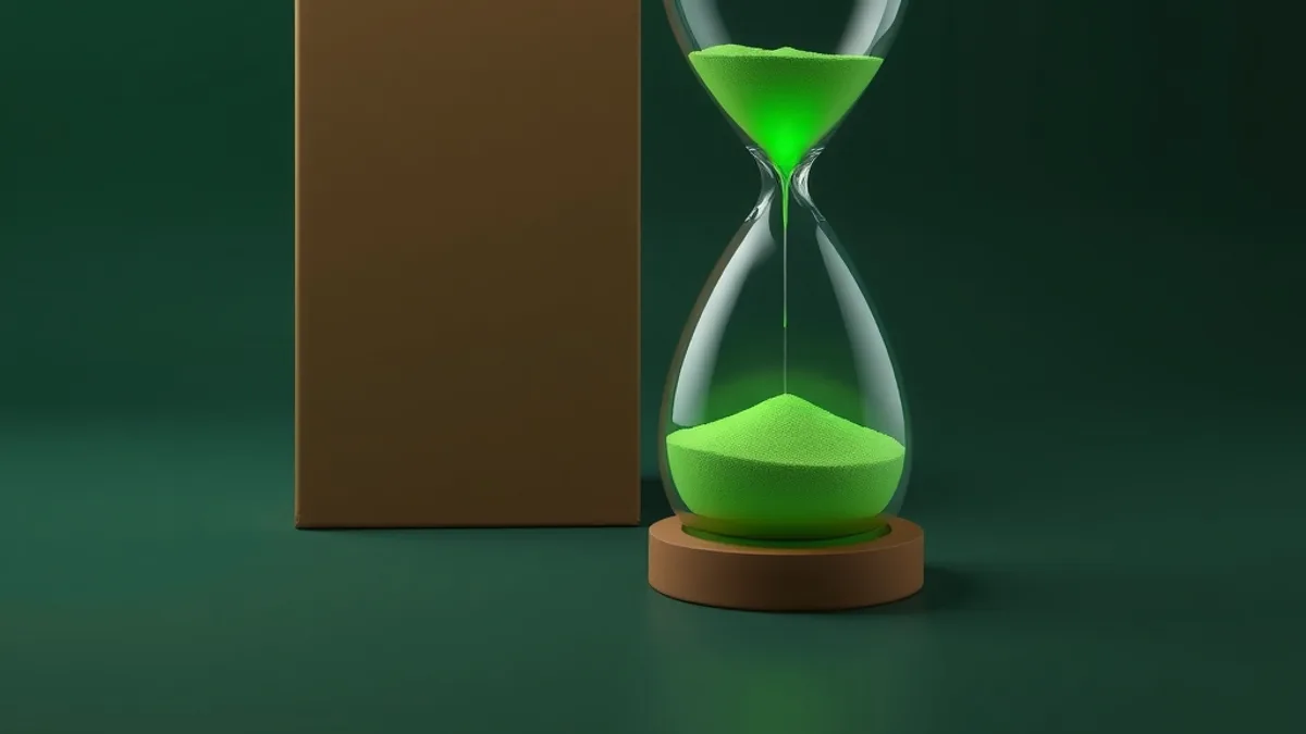 Glass hourglass with glowing lime green sand beside a plain brown cardboard box on a dark green background