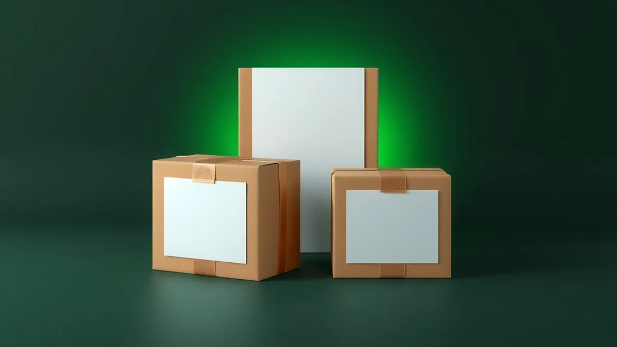 Pilha de caixas de papelão fechadas com etiquetas em branco e uma balança pequena, em fundo verde escuro