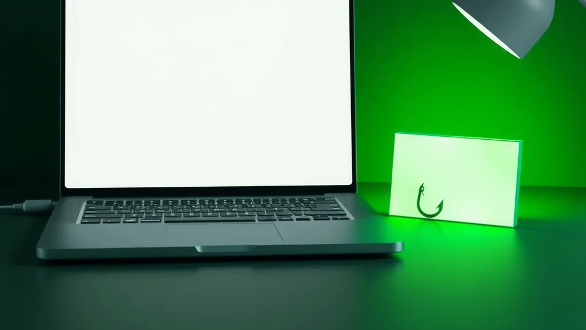 Laptop with a blank glowing screen next to a card with a drawn fishing hook, on a dark green background