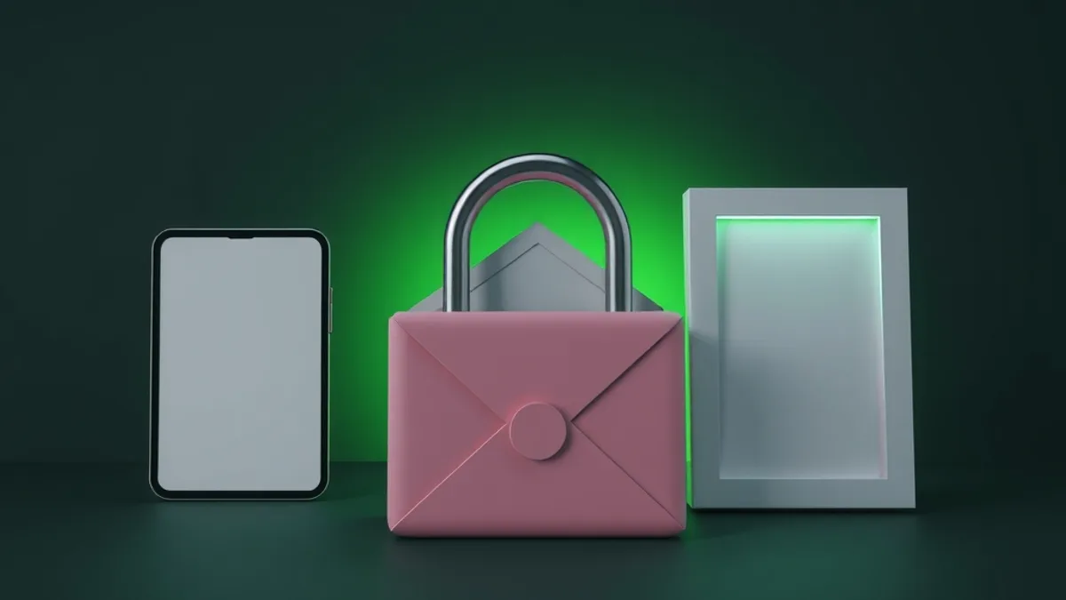 Cadeado sobre um envelope entre um tablet em branco e uma moldura de foto vazia, em fundo verde escuro