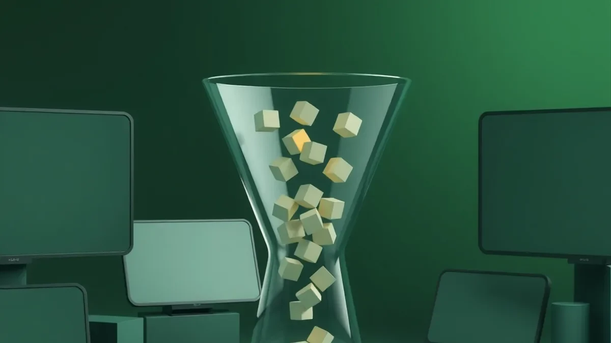 Funil de vidro iluminado em verde-limão com pequenos cubos passando por ele sobre fundo escuro