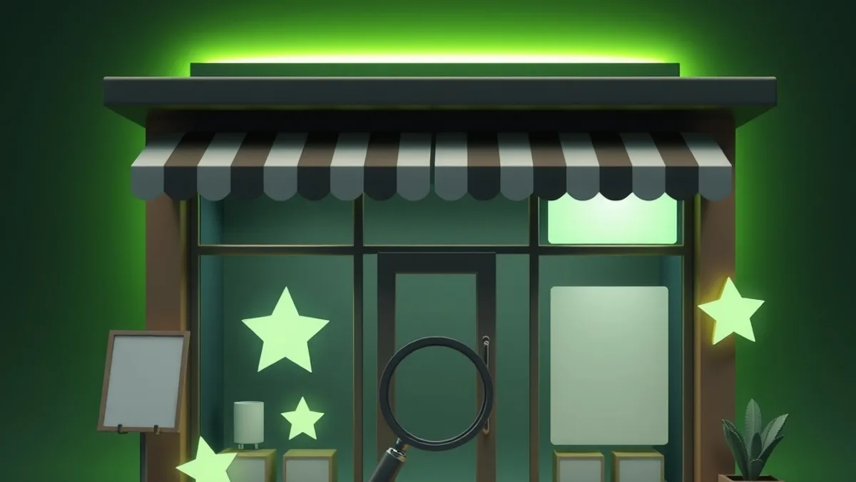 Small storefront with a large magnifying glass in front of the awning, in dark green and lime tones