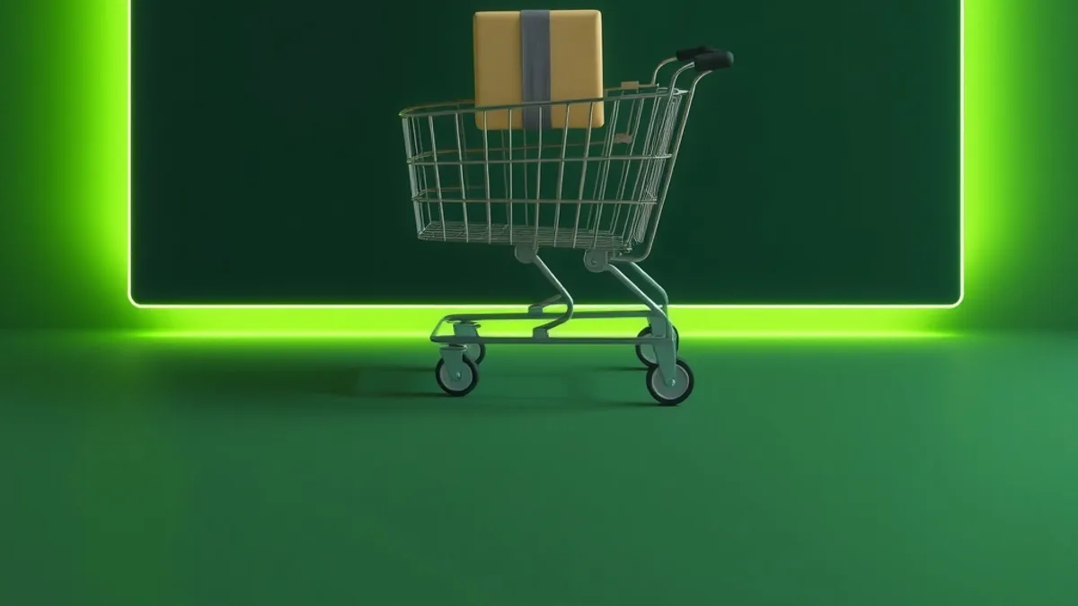 Carrinho de compras estilizado com caixas de envio ao lado, sobre fundo verde escuro com brilho lima