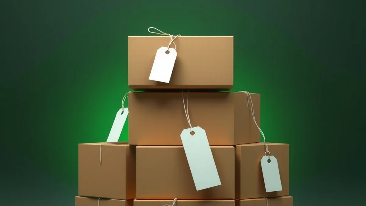 Pilha de caixas de papelão com etiquetas em branco amarradas, em fundo verde escuro