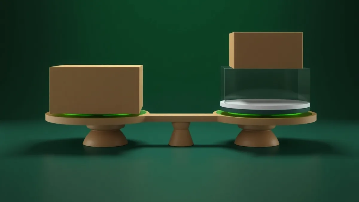 Balança de madeira com uma caixa de papelão de cada lado e uma base de vidro, em fundo verde escuro