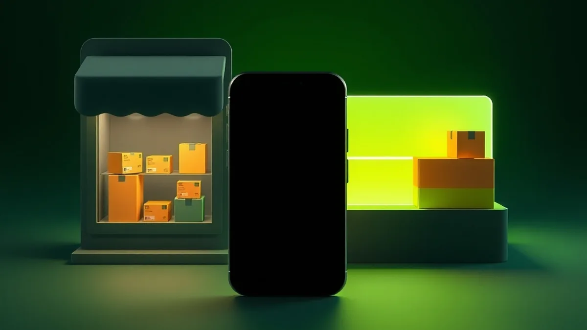 Phone with a dark blank screen between a small storefront with boxes and a glowing shelf, on a dark green background