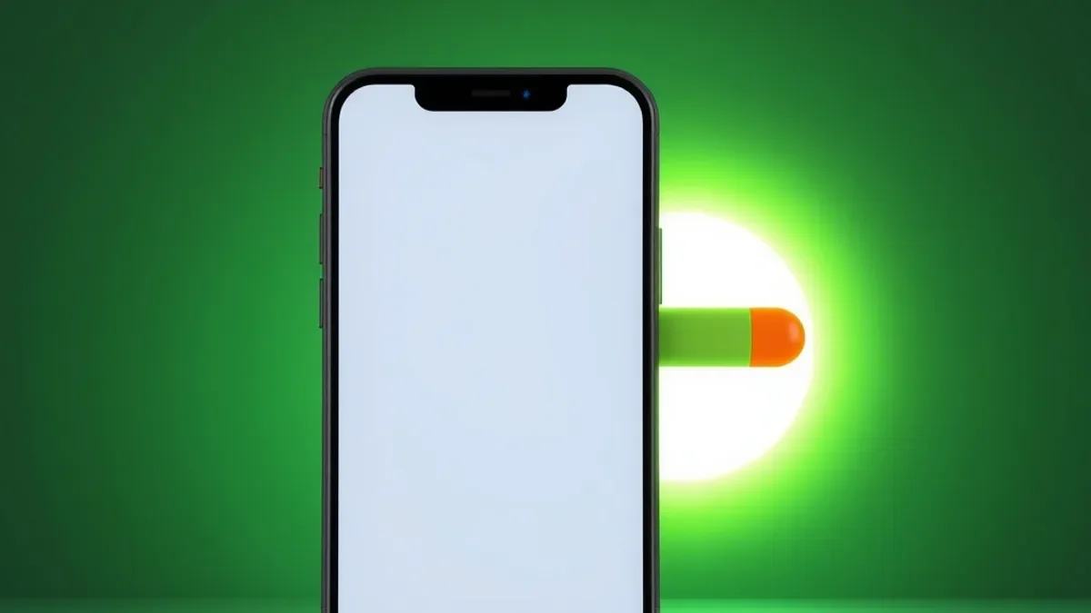Celular com tela em branco brilhante cercado por pequenos ícones genéricos atraídos por um ímã verde-limão