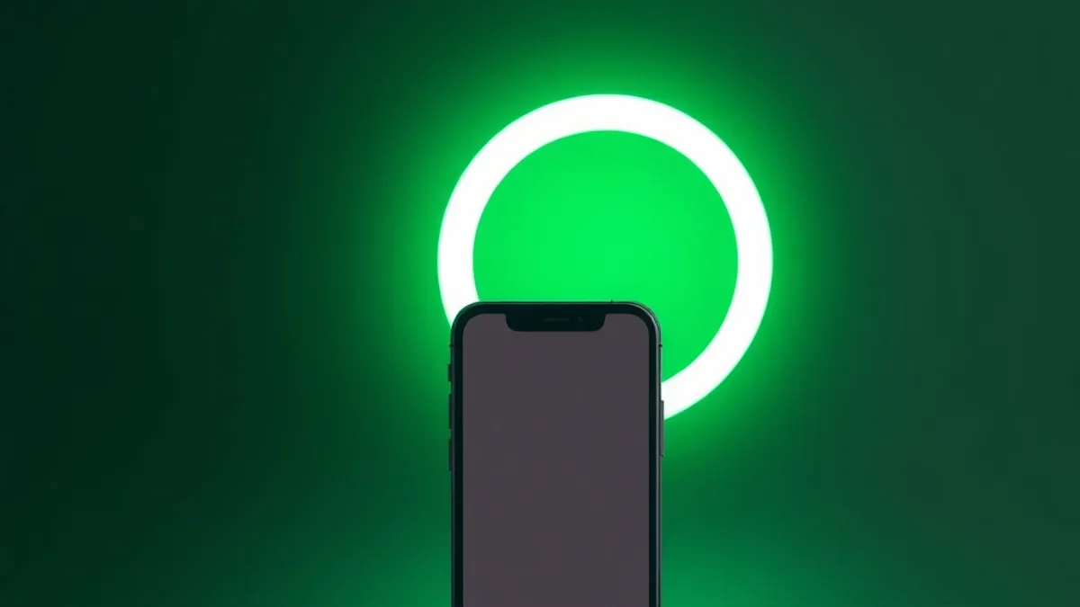 Phone with a blank screen in front of a glowing green ring light, on a dark green background