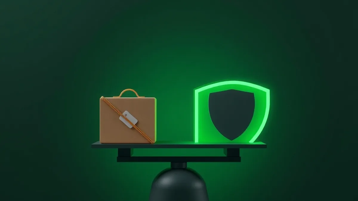A shop box and a glowing protective shield balanced on a scale against a dark green background