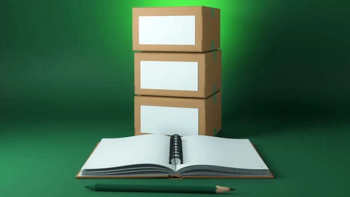 Caixas de envio com etiquetas em branco ao lado de um notebook com tela brilhante em branco, em fundo verde escuro