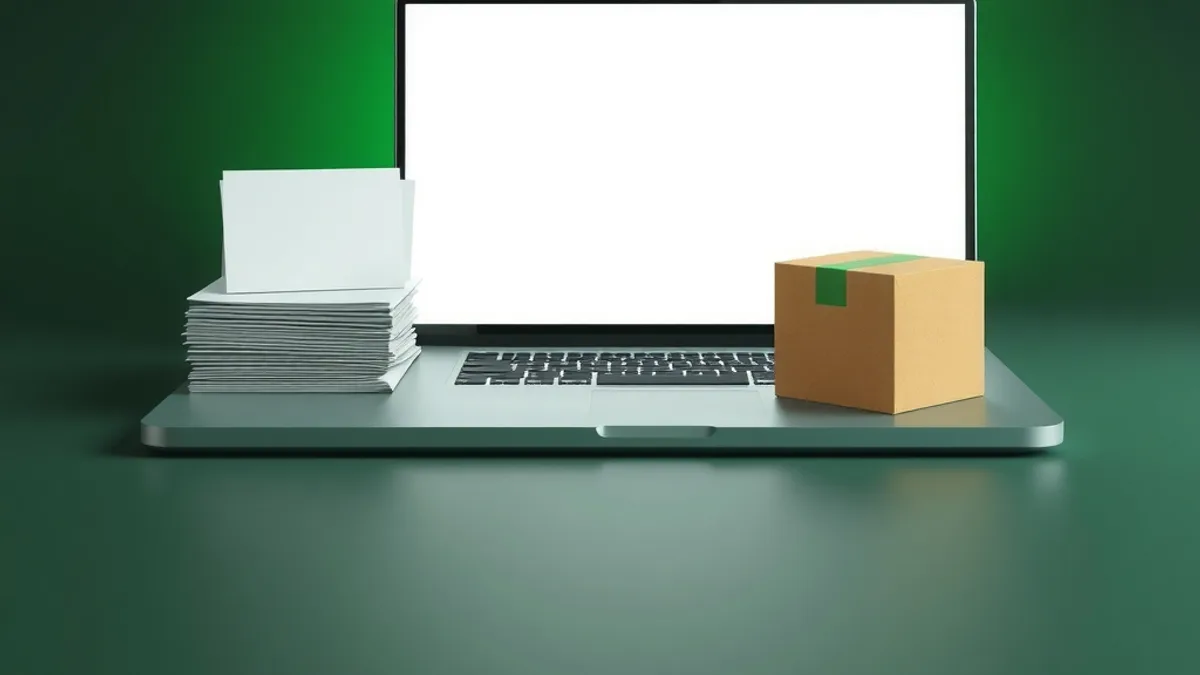 Notebook com tela brilhante em branco ao lado de uma pilha de etiquetas em branco e de uma caixa de envio, em fundo verde escuro