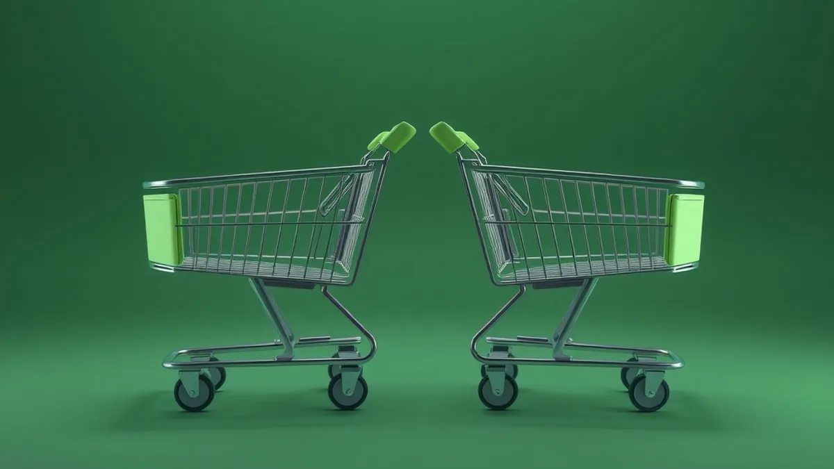 Dois carrinhos de compras frente a frente sobre uma superfície lisa, em fundo verde escuro