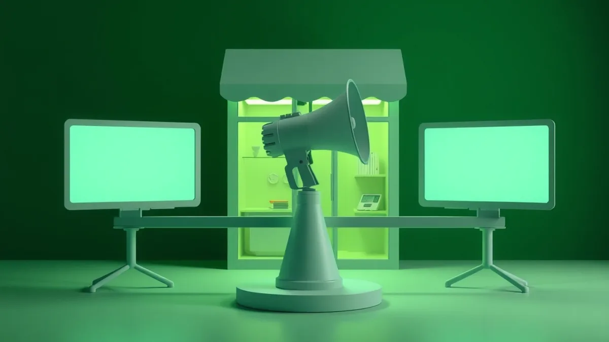 Megafone sobre uma gangorra entre duas telas em branco, com uma vitrine de loja ao fundo, em tons de verde