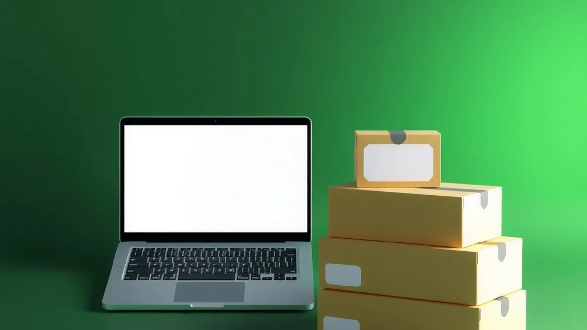 Laptop with a blank screen next to a stack of shipping boxes with blank labels, in green tones