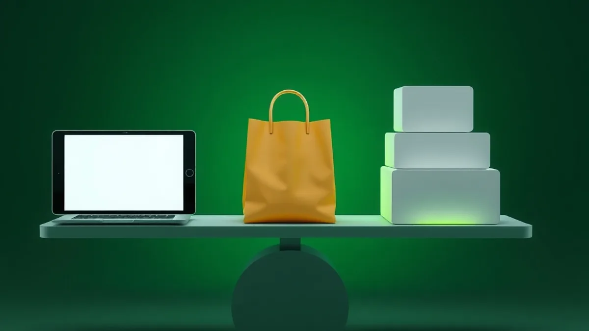 Laptop, shopping bag and stacked blocks balanced on a seesaw against a dark green background