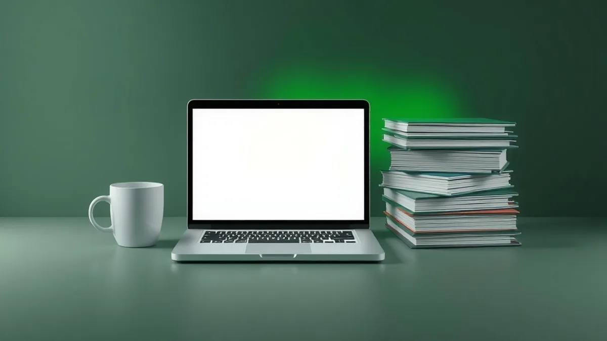Notebook com tela brilhante em branco ao lado de uma xícara e de uma pilha de pastas, em fundo verde escuro