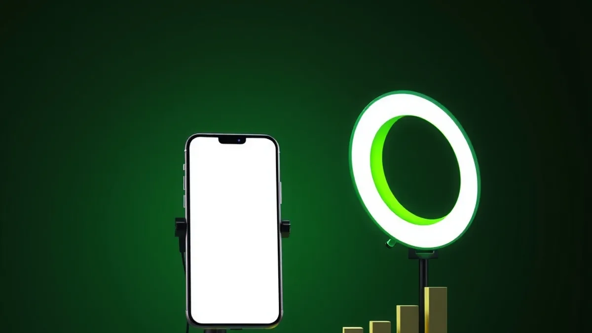 Phone with a blank glowing screen beside a ring light and a small bar chart without numbers on a dark green background