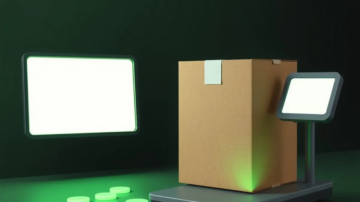 Caixa de papelão sobre uma balança de encomendas, com telas em branco e discos brilhando em verde-limão