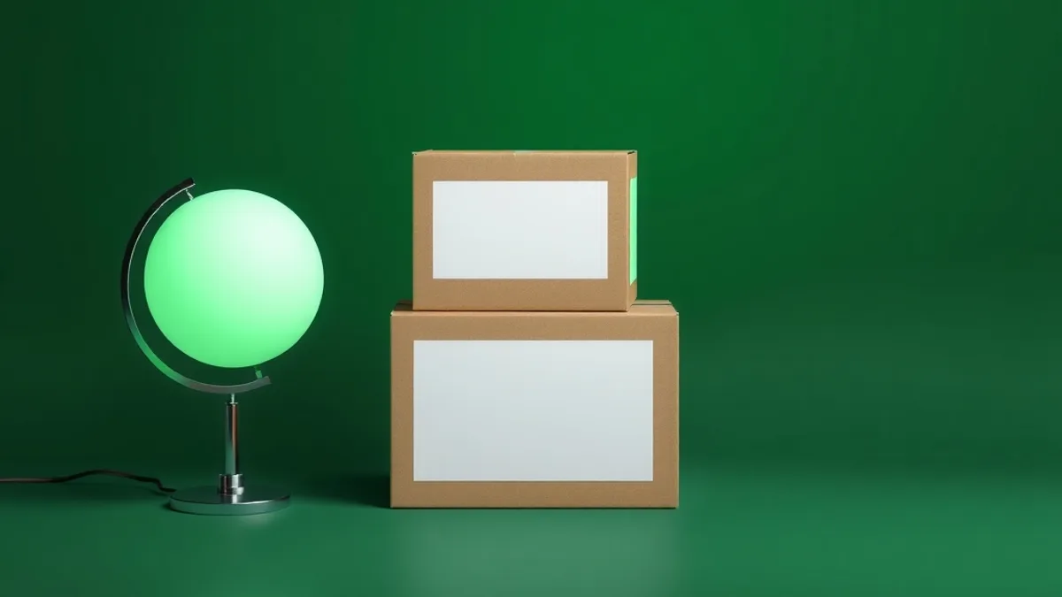 Sealed shipping box with a blank label beside a parcel scale, with a lime green glow in the background