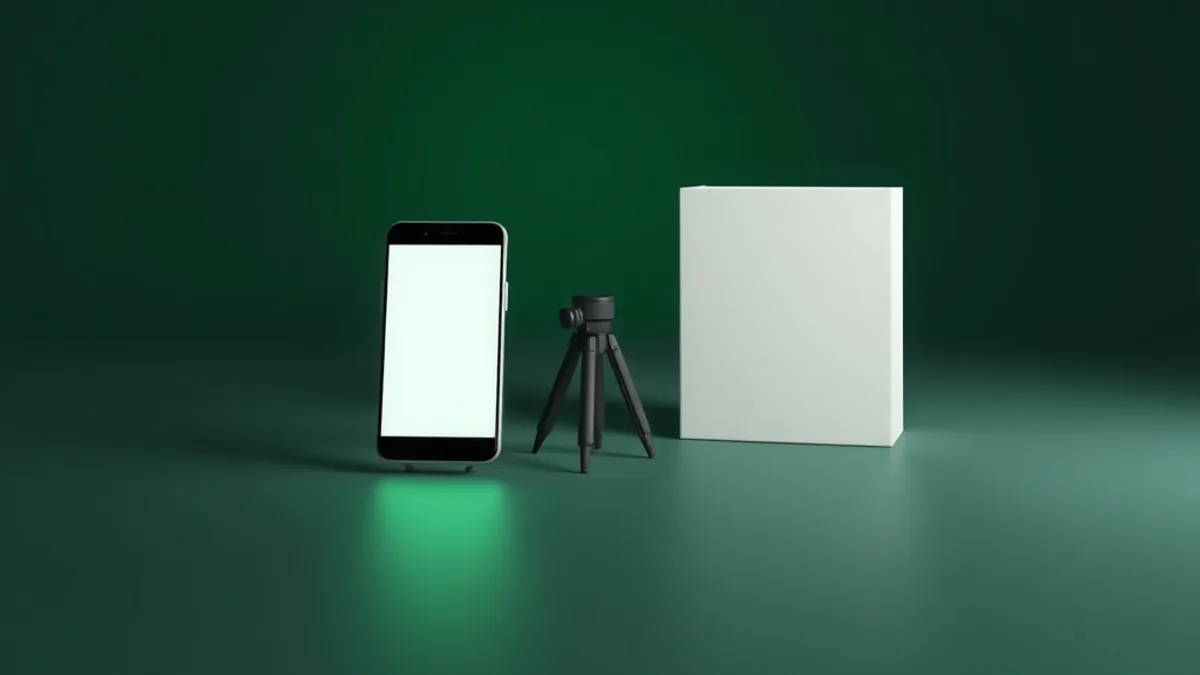 Celular com tela brilhante em branco apoiado em tripé ao lado de uma caixa de produto, em fundo verde escuro