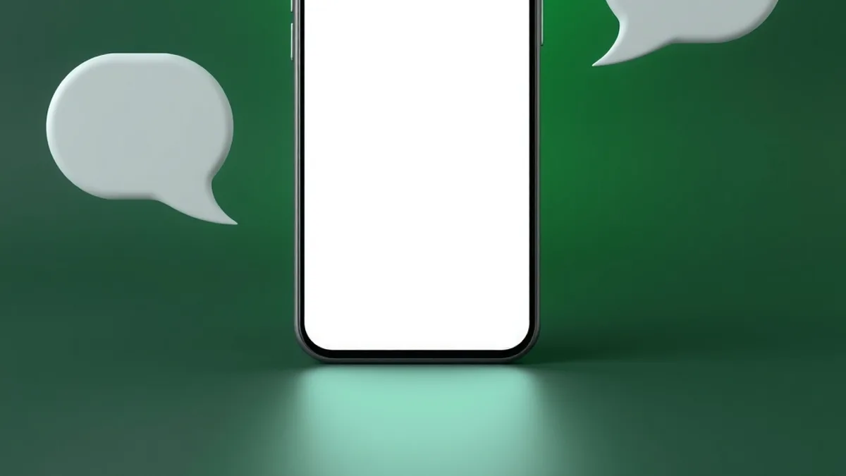 Phone with a blank glowing screen next to empty chat bubbles in lime green, on a dark green background