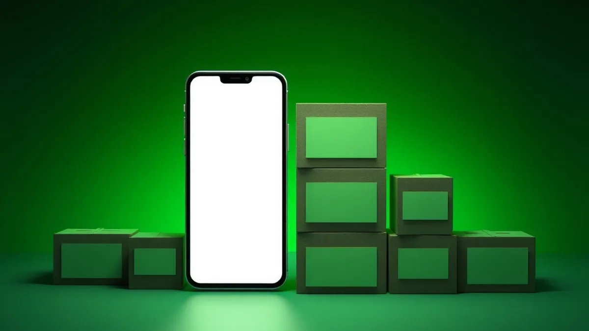 Celular com tela em branco brilhante ao lado de pequenas caixas e etiquetas em branco, em fundo verde escuro