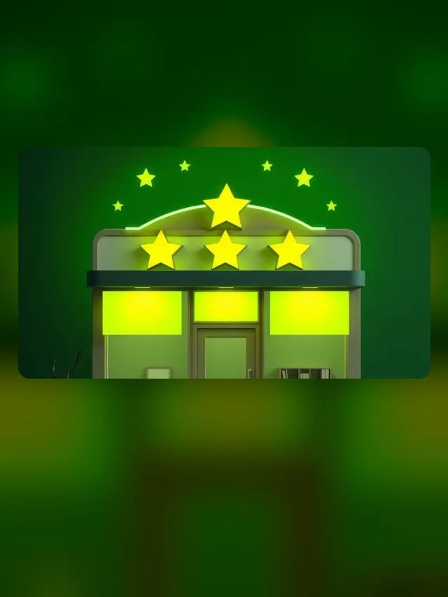 Fachada de uma pequena loja com estrelas verde-limão brilhando acima do toldo