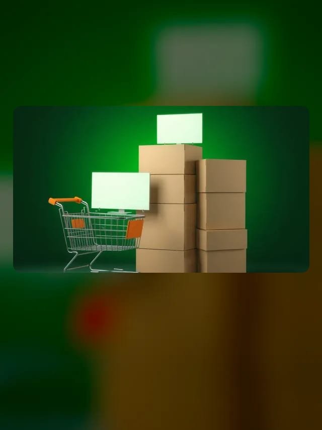 Stacked cardboard boxes beside a shopping cart and blank signs, on a dark green background