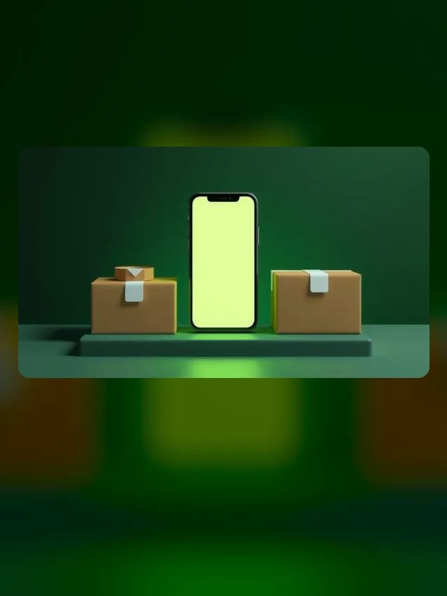 Celular com tela brilhante em branco sobre um balcão de loja ao lado de uma caixa de encomenda, em fundo verde escuro