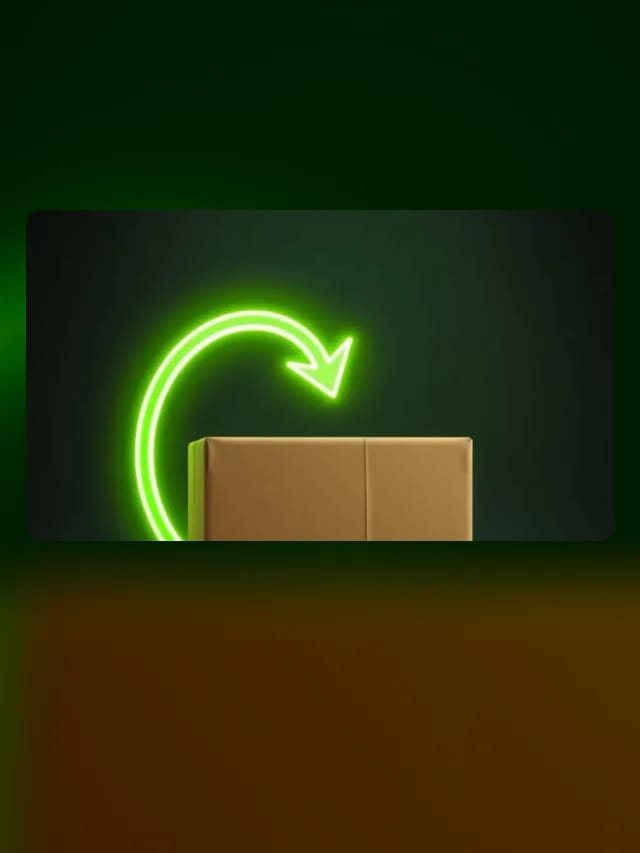 A plain cardboard box with a glowing green arrow curving back over it